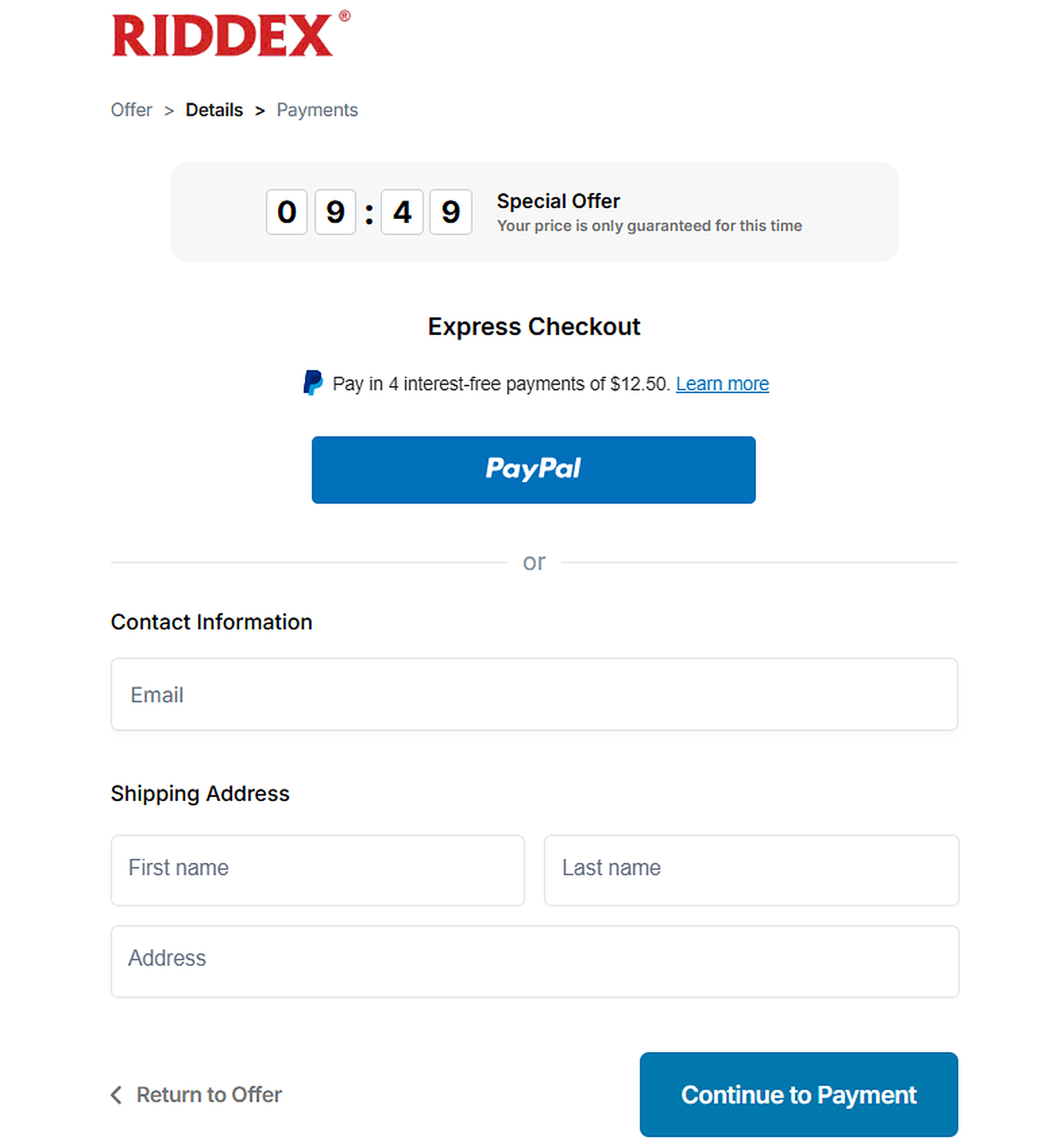 Riddex checkout page with express PayPal option, contact and shipping fields
