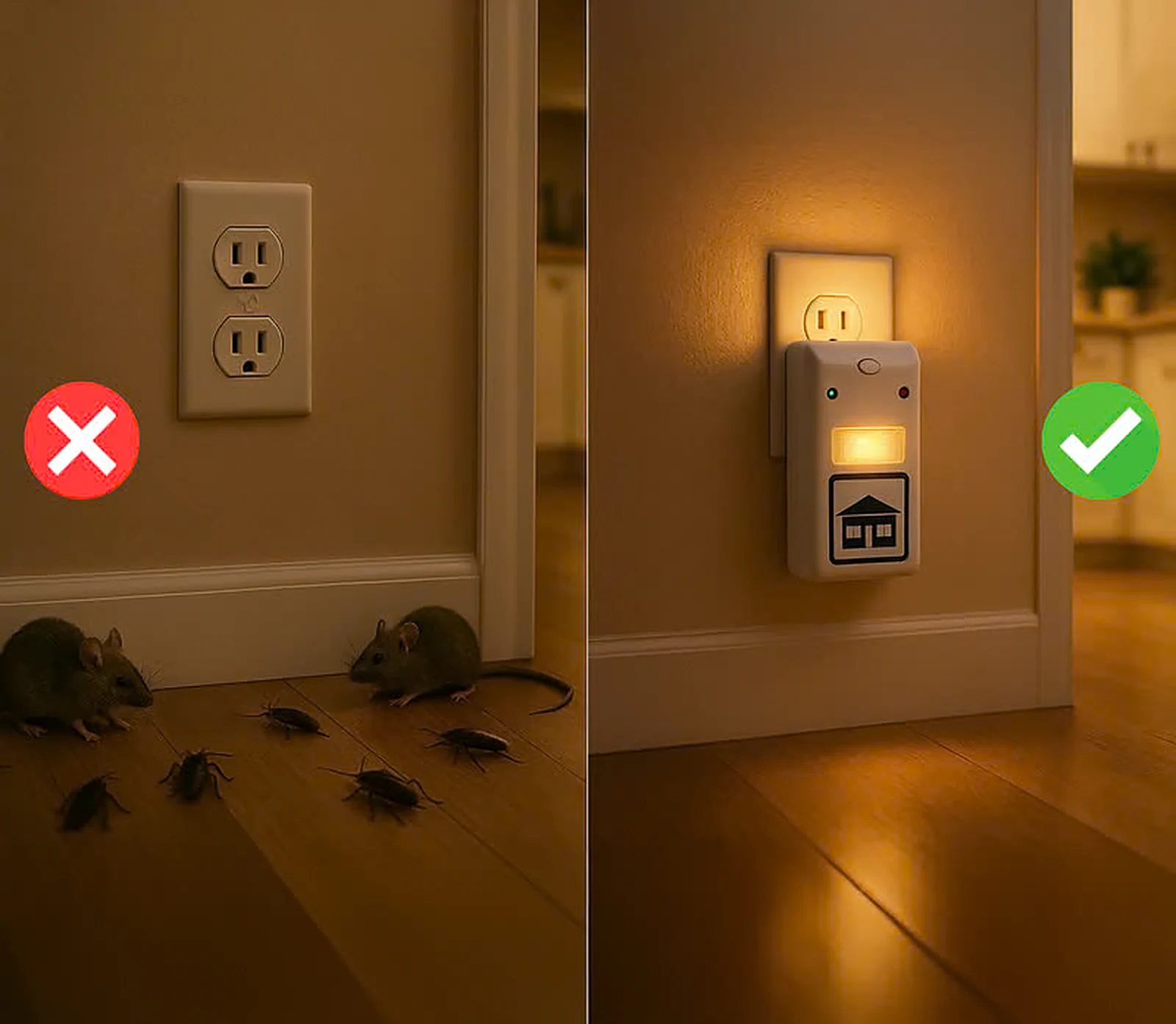 Before and after: pests near an empty wall outlet versus a home with Riddex Plus plugged in