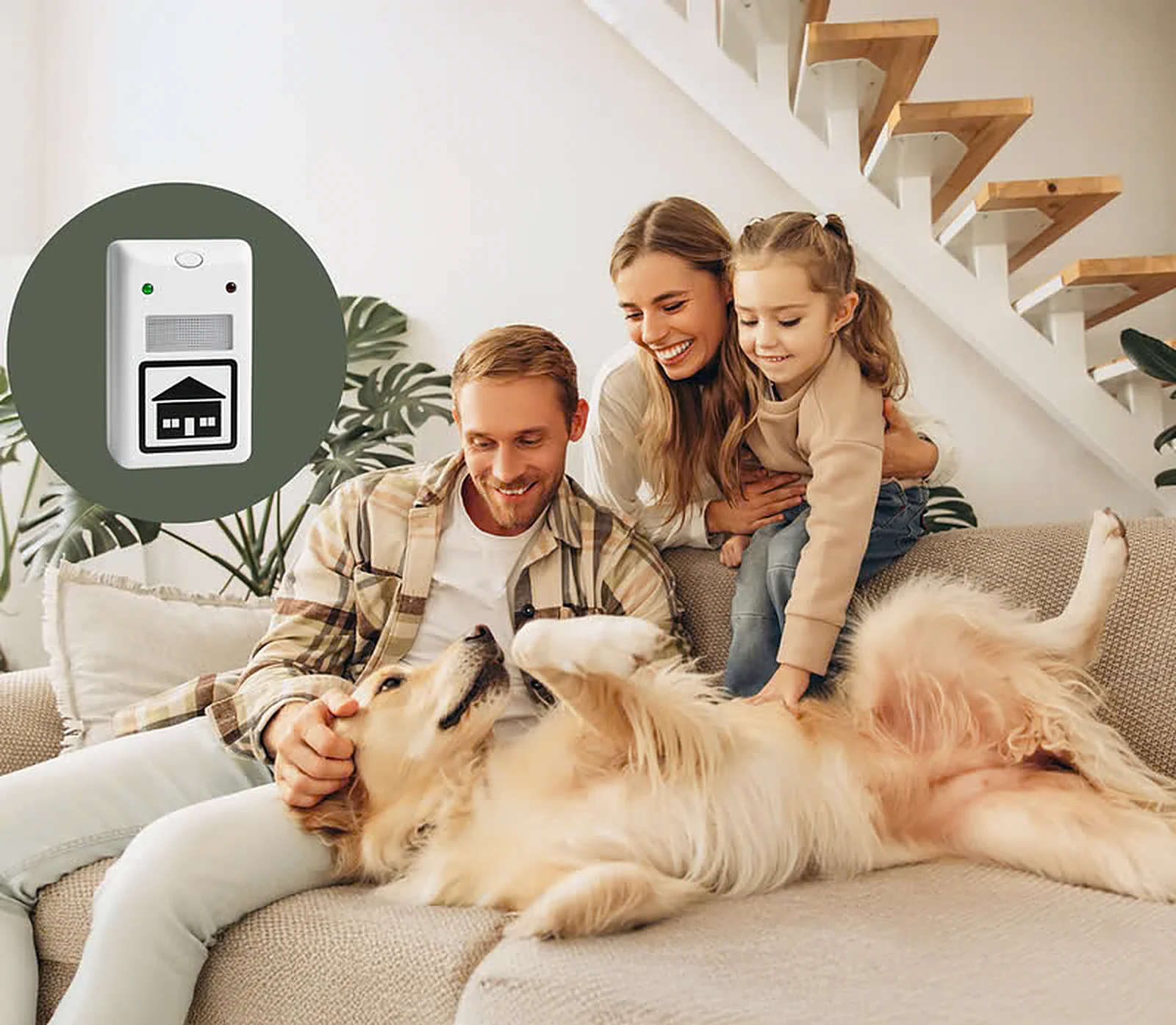 Family relaxing at home with their dog, with the Riddex Plus device shown