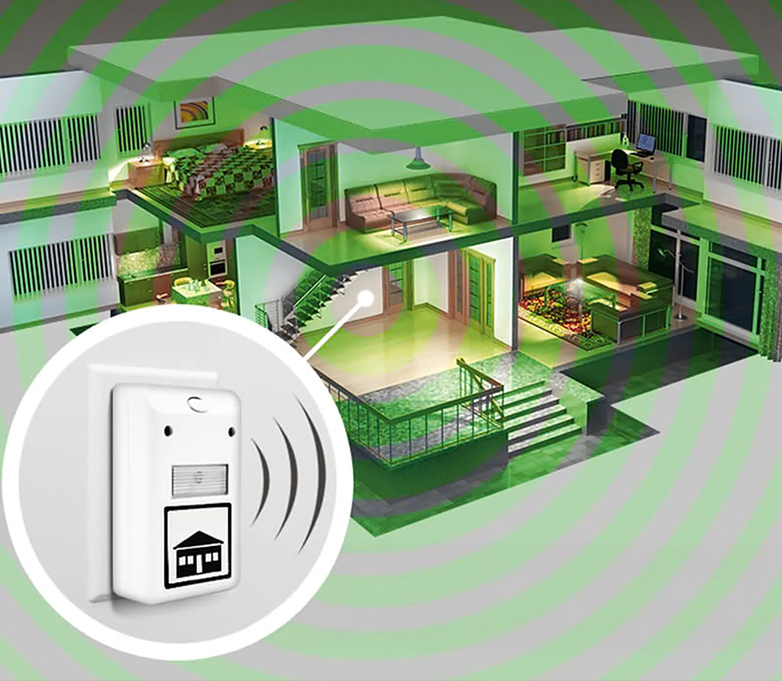 Riddex Plus plugged in, with its advertised pulse coverage shown across a two-storey home