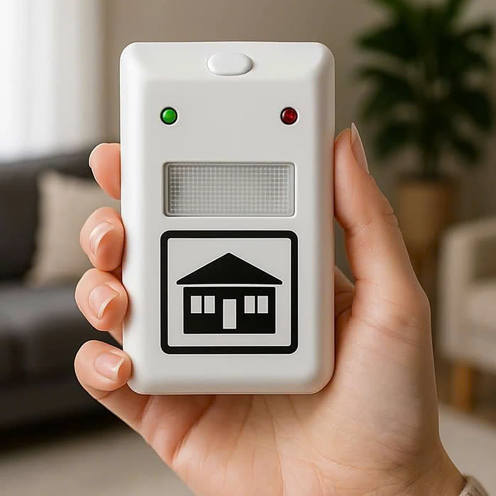 Hand holding the Riddex plug-in pest repeller at home